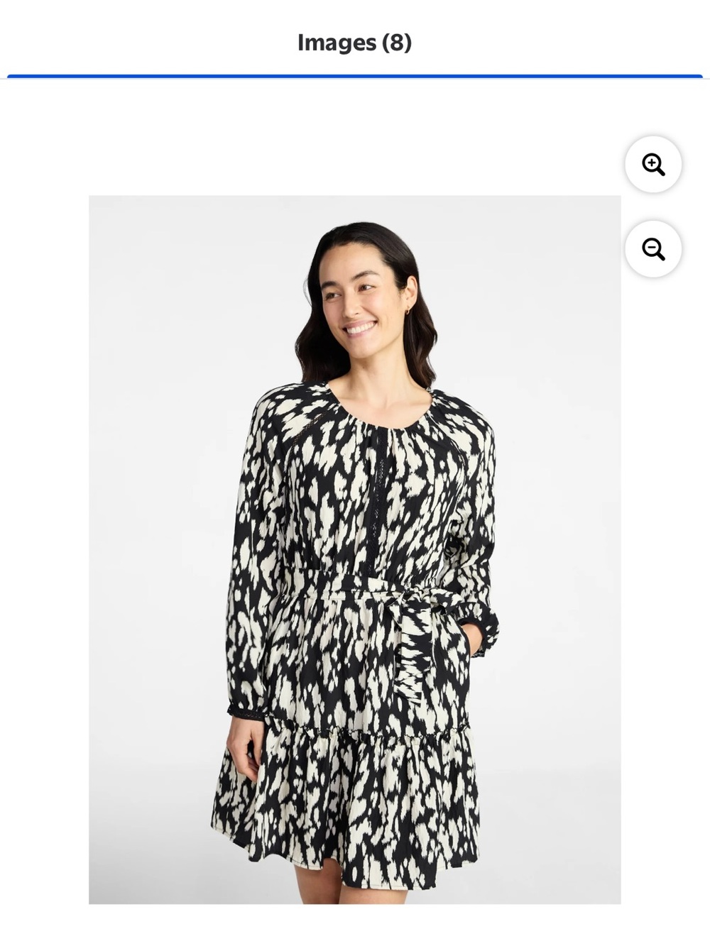 Time and Tru Black and White Printed Long-Sleeve Tiered Dress